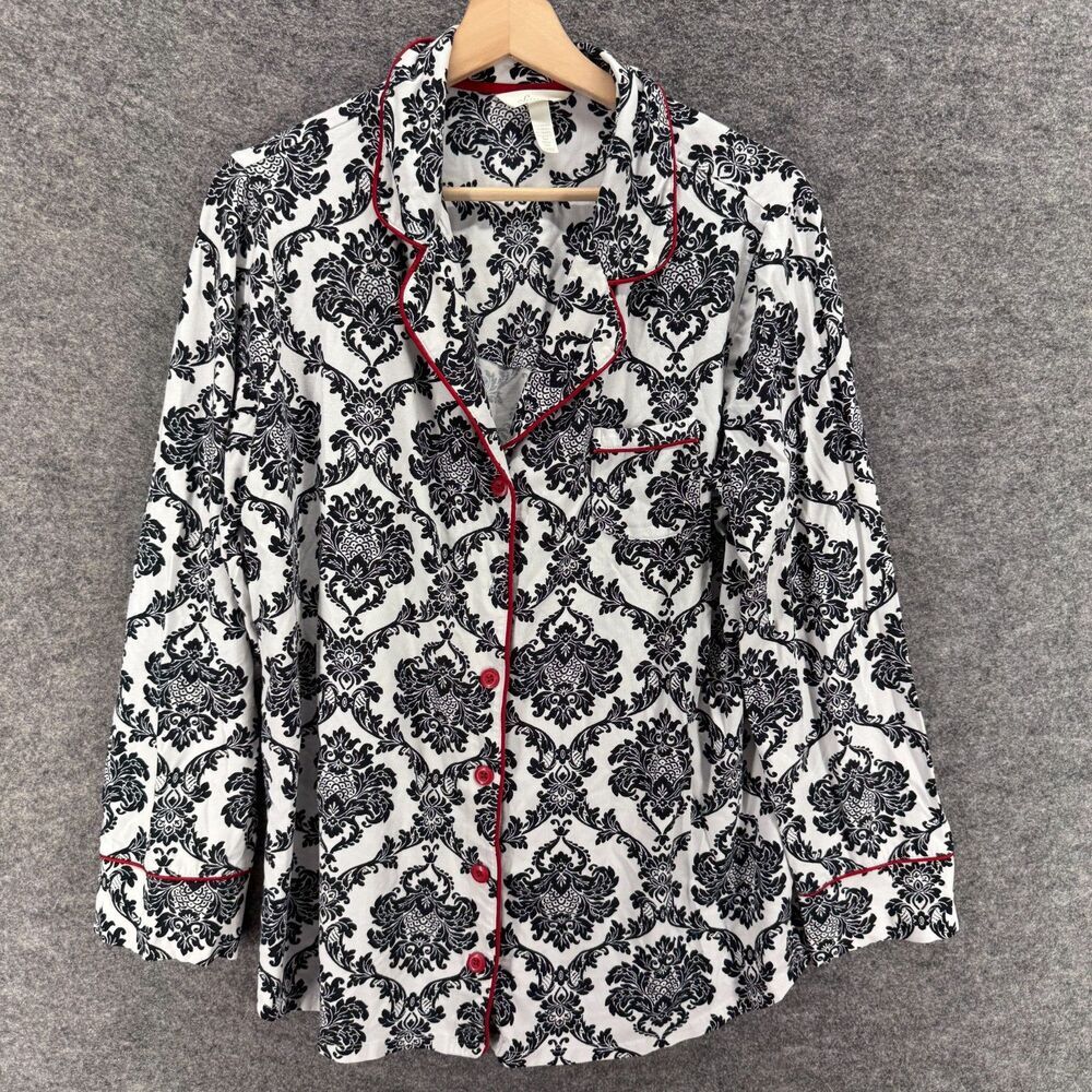 Soma Sleepshirt Women XL White Geometric Button Up Collared Long Sleeve Cotton